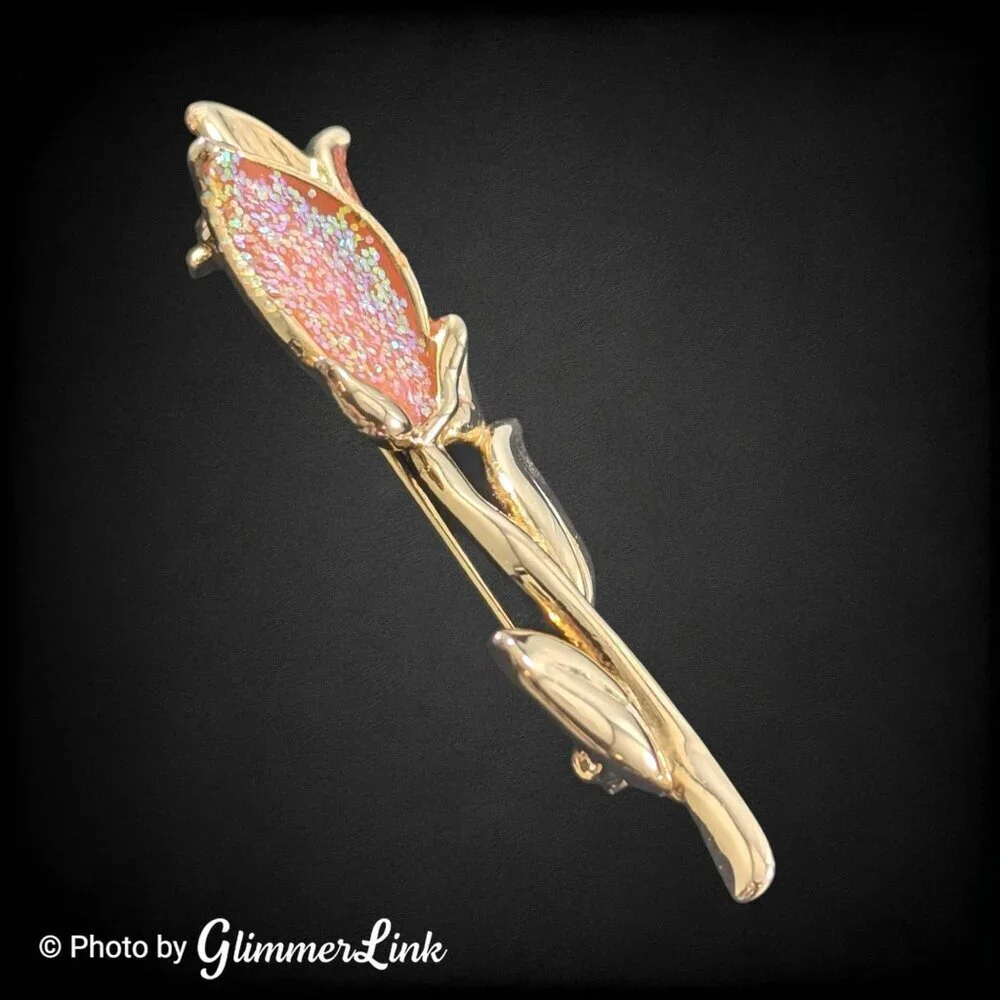 Vintage Peach Enamel Tulip Brooch Gold Tone Glitter Flower Pin